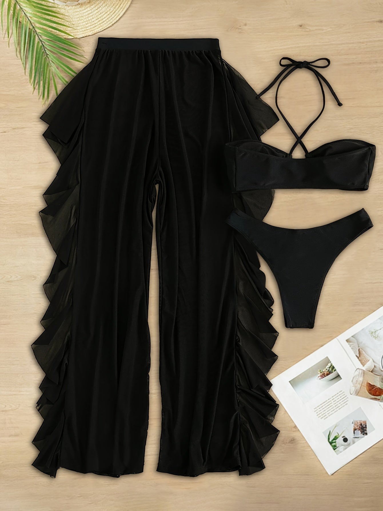 Women's High Stretch Polyamide Rash Guard Set - V-Neck Solid Color Bikini with Sheer Knit Fabric Cover-Up, Three-Piece Swimwear (80% Polyamide, 20% Elastane)